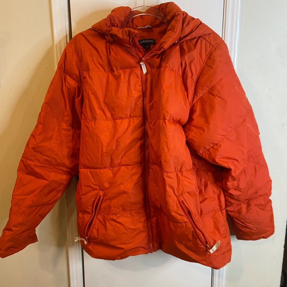 Lands' End Kids Orange Down Puffer Jacket Hooded Full Zip XL 18-20 READ!